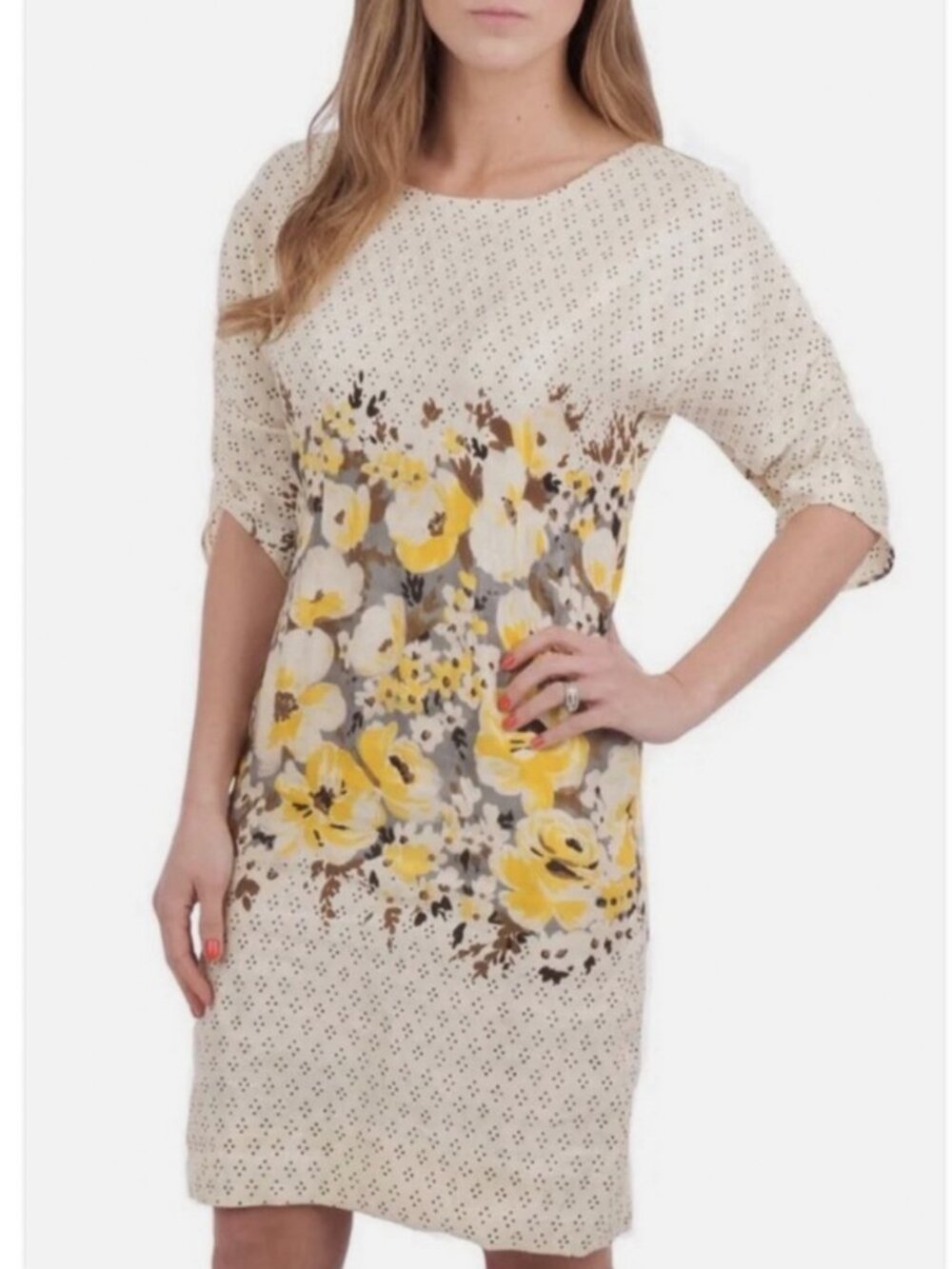 Anthropologie Meadow Rue Floral Linen Silk Dress Yellow Polka Dot V-Back Size 6